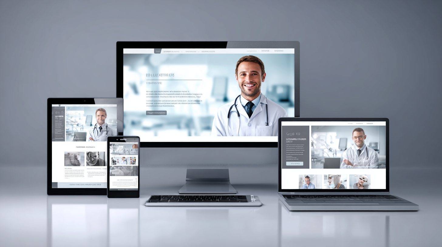 Clinical grey-and-white endodontics website on monitor, laptop, tablet, and phone with a calm professional aesthetic.